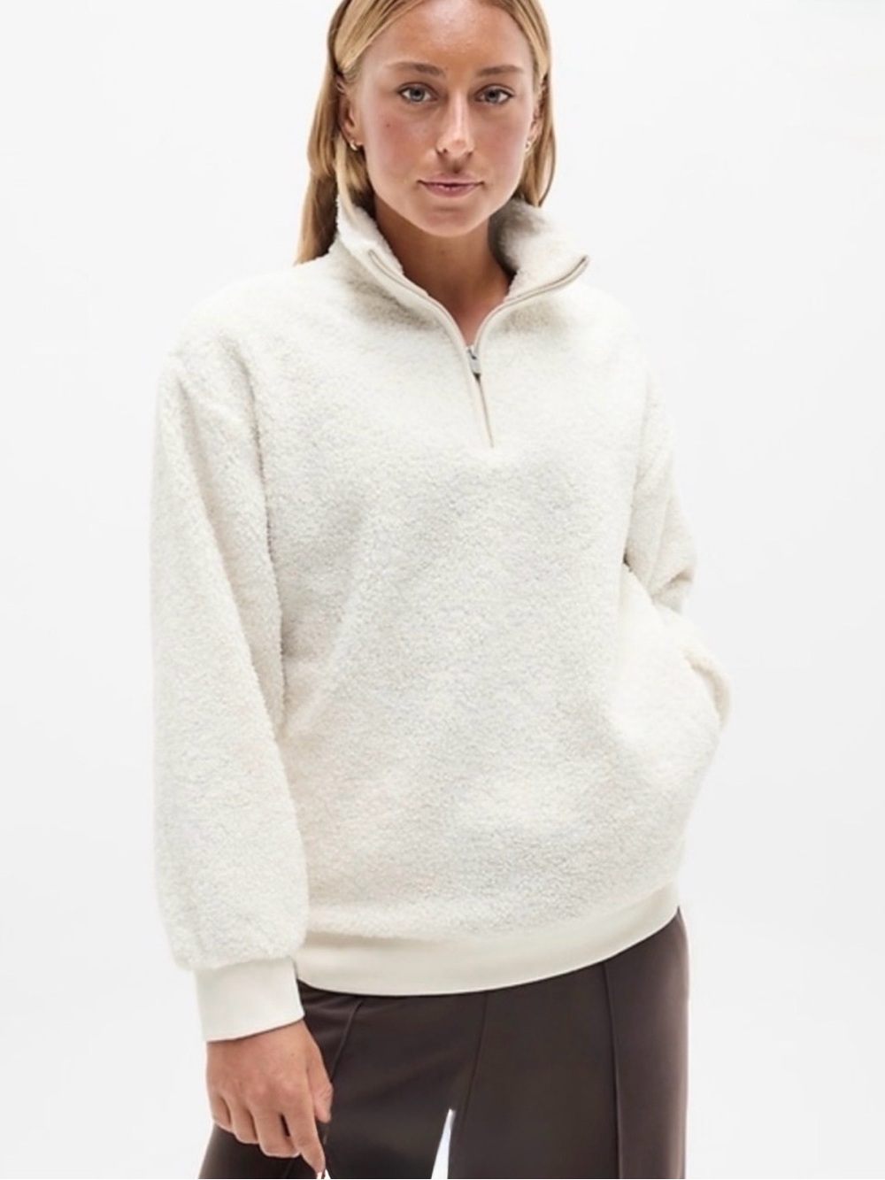 Athleta Forever Fleece Cloud 1/4 Zip Sweatshirt in Bone Boucle Size Large